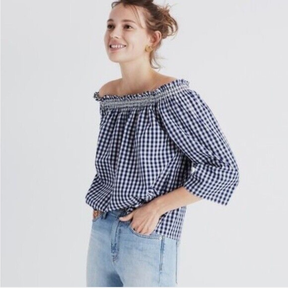 Madewell Blue Smocked Gingham Off Shoulder Top Size Small